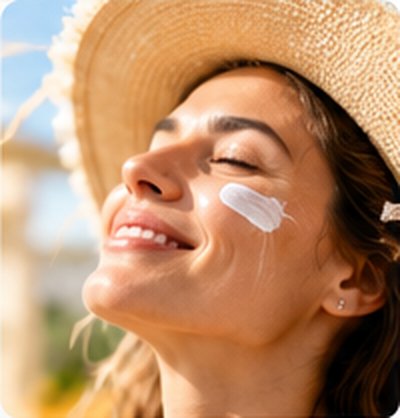 Mujer con sombrero aplicándose protector solar