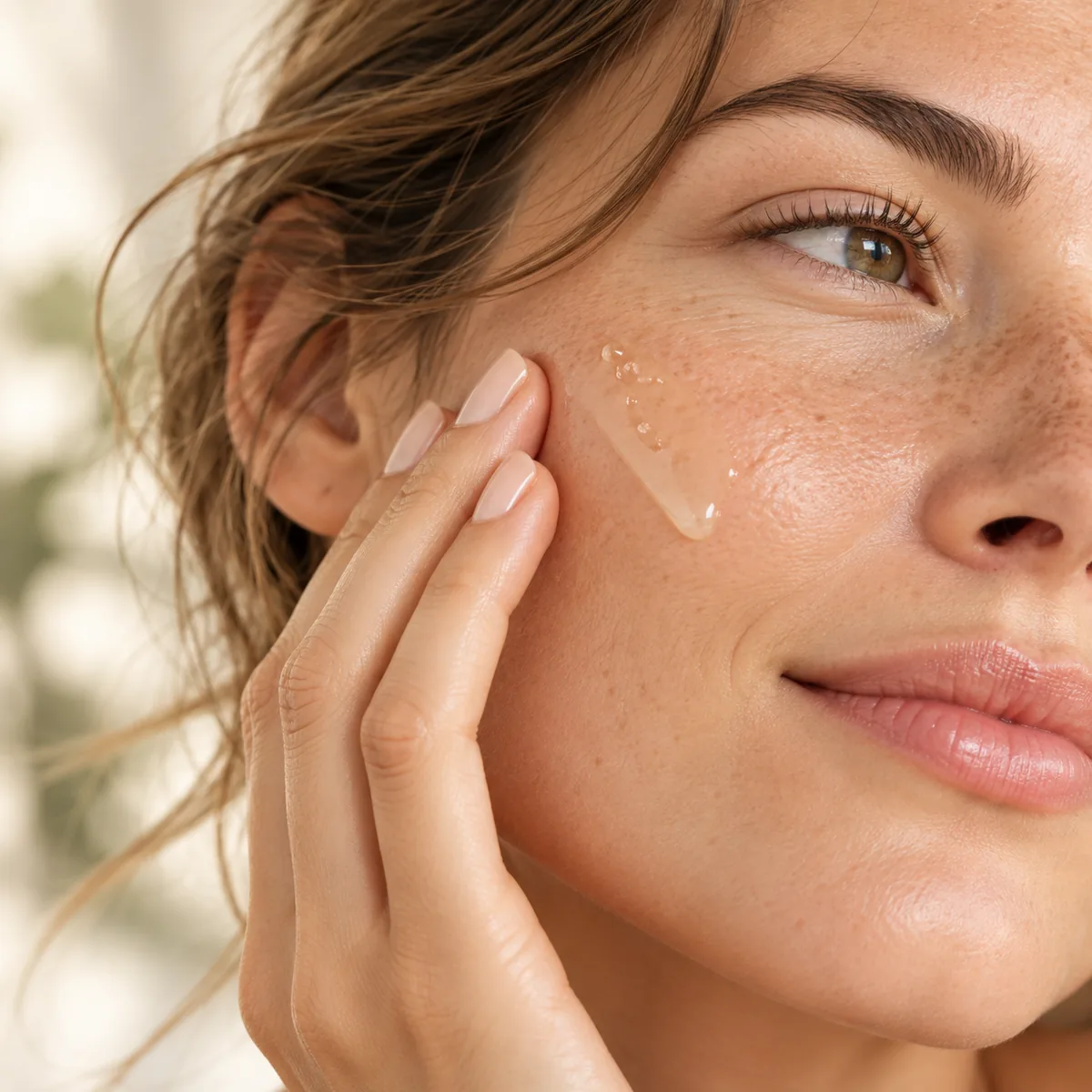Primer plano de una mejilla con un producto dermatológico aplicado.