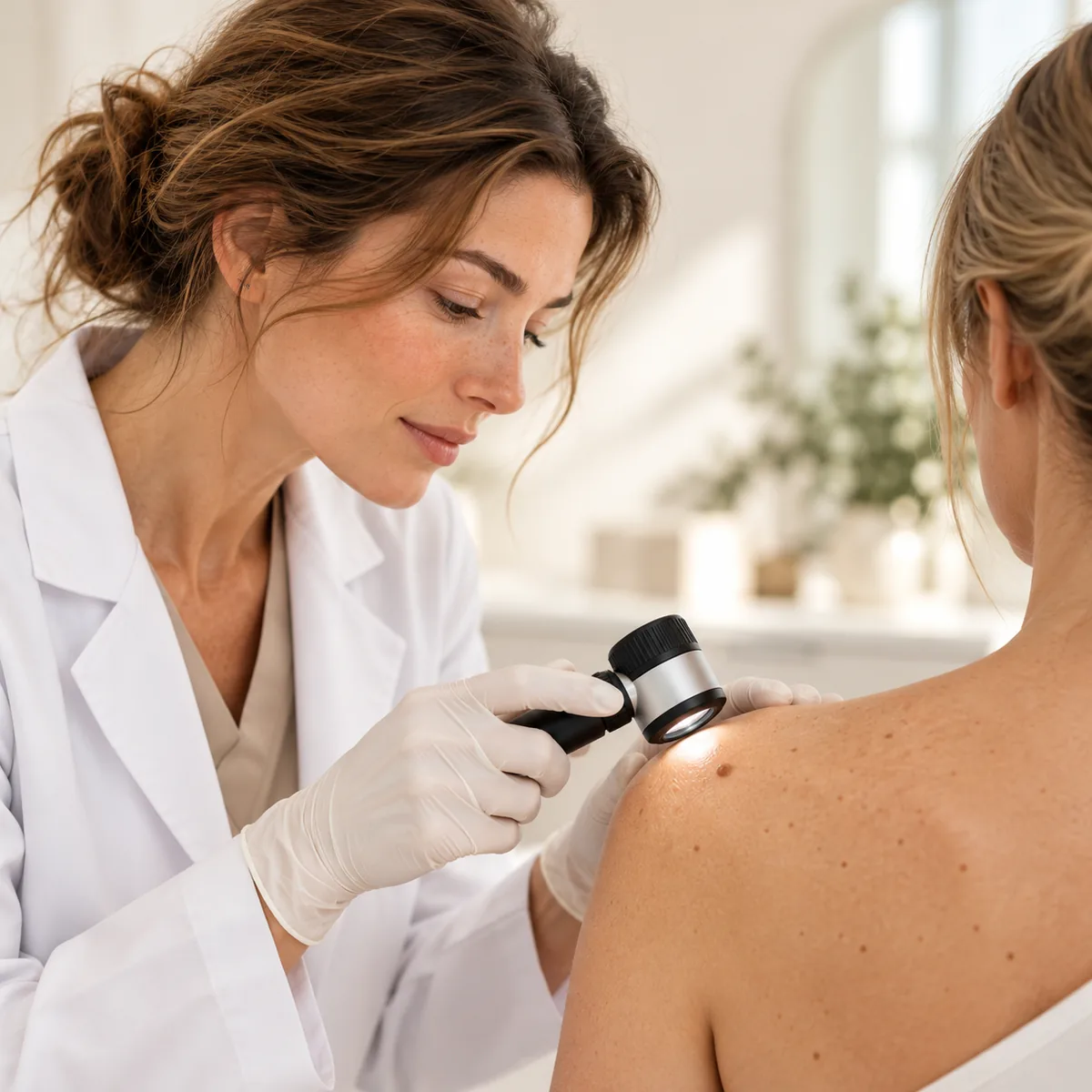 Dermatóloga revisando un lunar del hombro con un dermatoscopio.