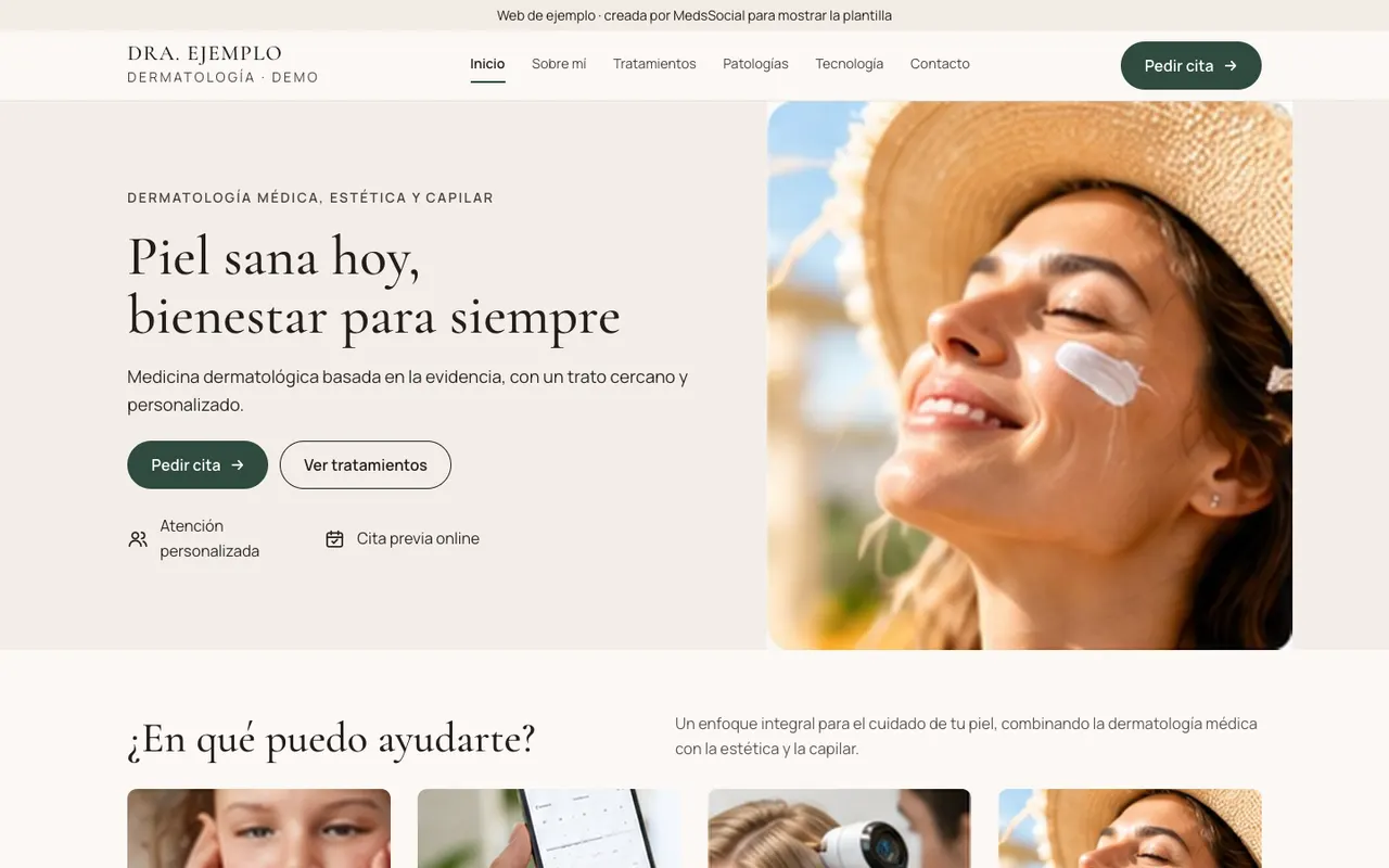 Portada de la web de ejemplo de una dermatóloga con la plantilla Médico Experto: cita online y tratamientos.