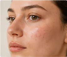 Primer plano de piel facial con acné para sección de dermatología.