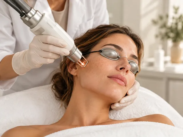 Tratamiento facial con láser y gafas de protección en consulta.