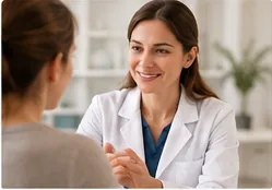 Dermatóloga conversando con una paciente durante la valoración inicial.