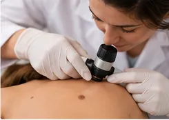 Exploración dermatológica con dermatoscopio durante el diagnóstico.